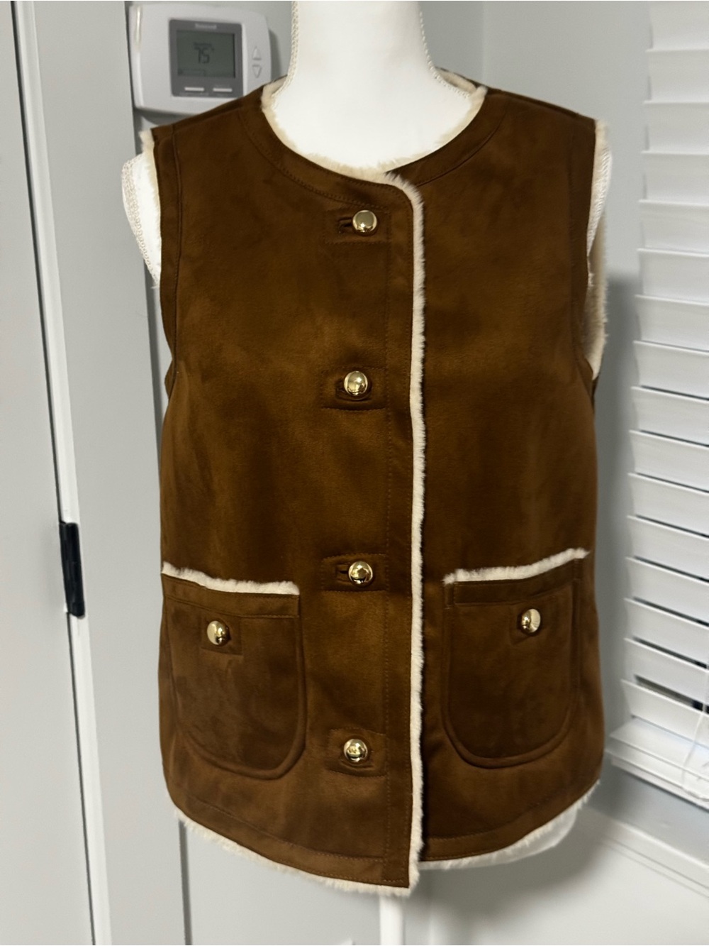 H&M Brown Faux-Suede Shearling Vest with Gold Buttons